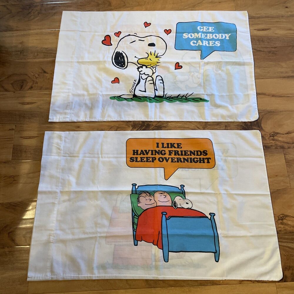 2 Vintage Pillow Cases 1970s Peanuts Sleepover Standard Snoopy Woodstock USA
